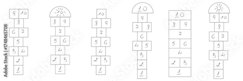 Hopscotch game with hop, for playground activities and childhood fun. Grid patterns with numbered squares and sun symbols for outdoor recreation. 