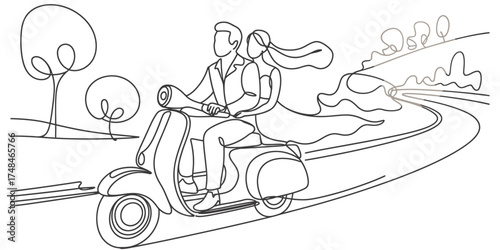 Continuous one line drawing of a couple riding a scooter on a winding road capturing motion vector