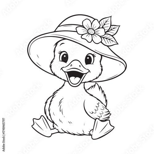 Adorable baby duckling wearing a wide brimmed hat adorned with flowers and leaves a cheerful and cute illustration for children