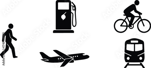 Set of black silhouette icons representing different modes of transportation and accommodation, isolated on transparent background