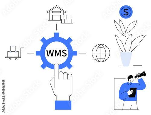 WMS gear with hand, warehouse, cart, globe, plant with dollar symbol, and person observing. Ideal for supply chain, logistics inventory automation e-commerce profitability technology. Simple