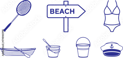 Group of beach and summer icons including a badminton racket, beach sign, bikini, rowboat, sand bucket, and captains hat, isolated on transparent background