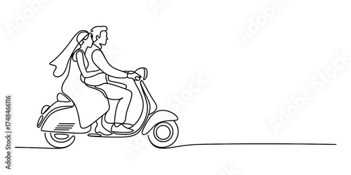 Elegant continuous one line drawing of a couple riding a scooter embracing wedding bliss vector