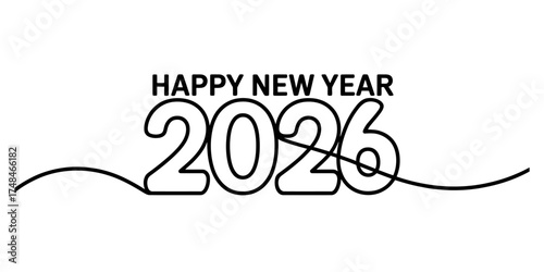 Continuous one line drawing celebrating happy new year 2026 with artistic flair vector
