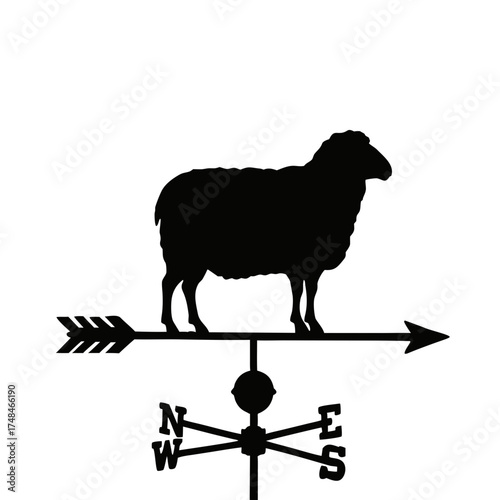 Sheep weather vane silhouette with directional arrows, transparent background, isolated, vector