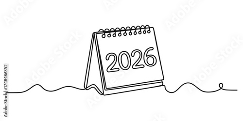 Continuous line art of a 2026 calendar page illustrating timeless design and forward thinking vector