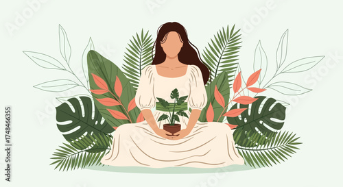 Peaceful Woman Connecting with Nature and Growth, Holding Plant in Serene Surroundings