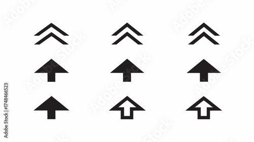 Nine black arrow icons pointing upwards arranged in a three by three grid on a white background | editable eps vectors silhouette