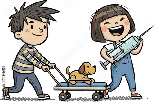 Children playing with dog cart and syringe, kids pretend play, healthcare roleplay, imagination, fun activity, childhood learning, creative teamwork, joyful