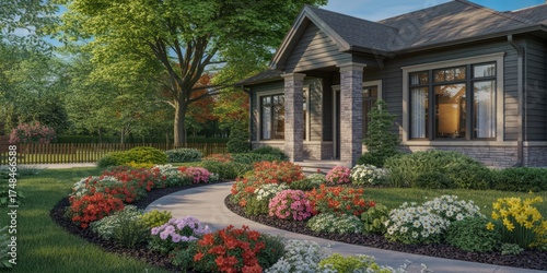 Landscaped Home with Flowers and Stone Pathway