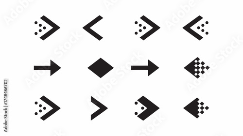 Twelve black arrow icons pointing in different directions arranged on a white background in a grid pattern | editable eps vectors silhouette
