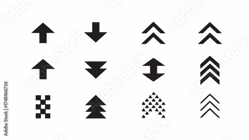 Illustration of various black arrow icons pointing up down and in different directions on a white background | editable eps vectors silhouette
