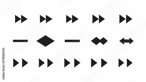 Various black geometric shapes including arrows diamonds and lines arranged in a pattern on white background | editable eps vectors silhouette