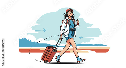 A woman on a beach, in the city, or at an airport, enjoying fun winter sports like snowboarding or skiing in the mountain snow, can be a vector illustration of a person