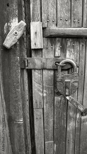 A rusty barn lock on a wooden door