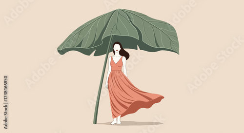 Woman sheltered by a leaf