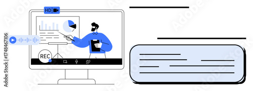 Presenter pointing at charts during an online session, with recording and HD video icons. Ideal for online learning, webinars, digital communication, virtual meetings, remote training, presentations