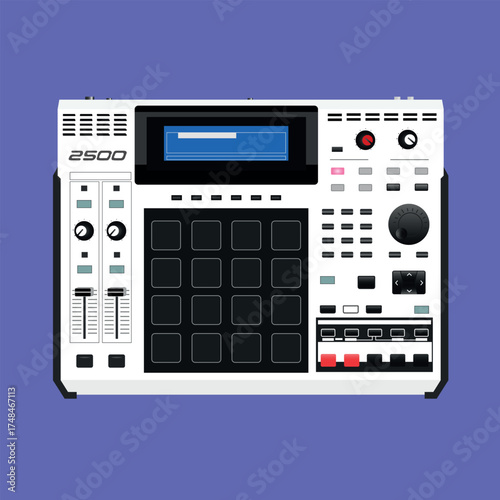 Vector illustration of a digital musical instrument. Equipment for creating hip-hop and rap beats and sampling music and genres. Tool with pads and switches. Easily change file size and colors. MPC