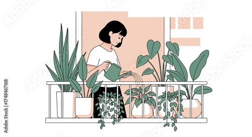 Young Woman Caring for Houseplants on a Balcony, Urban Gardening Hobby