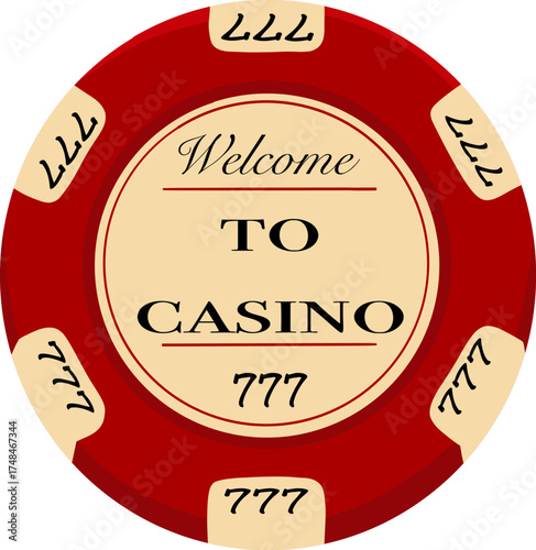 The red casino chip proudly displays a welcome message, emphasizing the excitement of the game and inviting players to experience the thrill of winning at the casino.