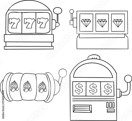 A set of four slot machine designs is presented, each displaying various symbols: diamonds, 777, cherries, and dollar signs, encouraging artistic expression and excitement for gaming. Coloring book