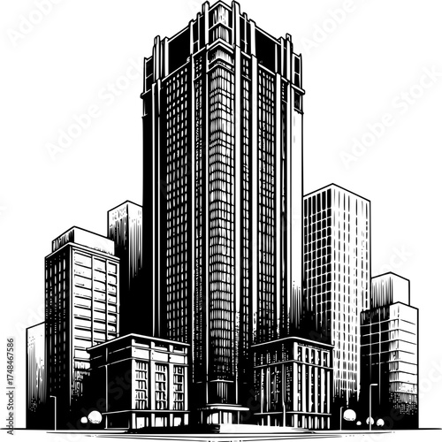 Urban Skyline: An illustration capturing a striking skyline of high-rise buildings, showcasing the grandeur and ambition of cityscapes.