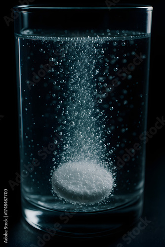 Effervescent Tablet Dissolving in Glass: A close-up shot captures the dynamic process of an effervescent tablet dissolving in a glass of water, generating bubbles and a captivating visual display. 