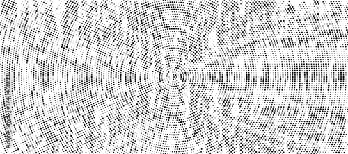 Black halftone concentric circle texture. Rippled repeating sound wave ring wallpaper. Dotted radial gradient background. Vector rasterized backdrop for vibration, epicenter, target, radar signal