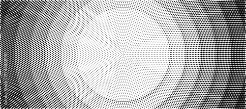 Black halftone concentric circle texture. Rippled repeating sound wave ring wallpaper. Dotted radial gradient background. Vector rasterized backdrop for vibration, epicenter, target, radar signal