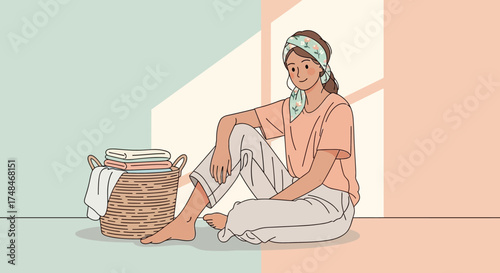 Young woman in a headband sitting calmly on the floor next to a basket of clean laundry