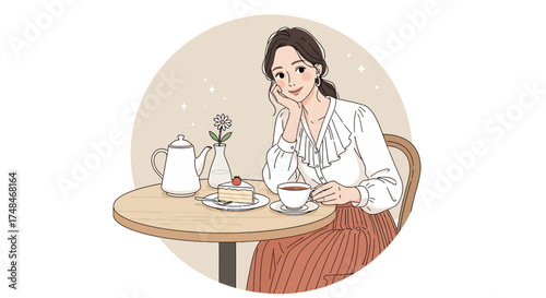 A beautiful woman enjoying a quiet moment with tea and cake at a cafe