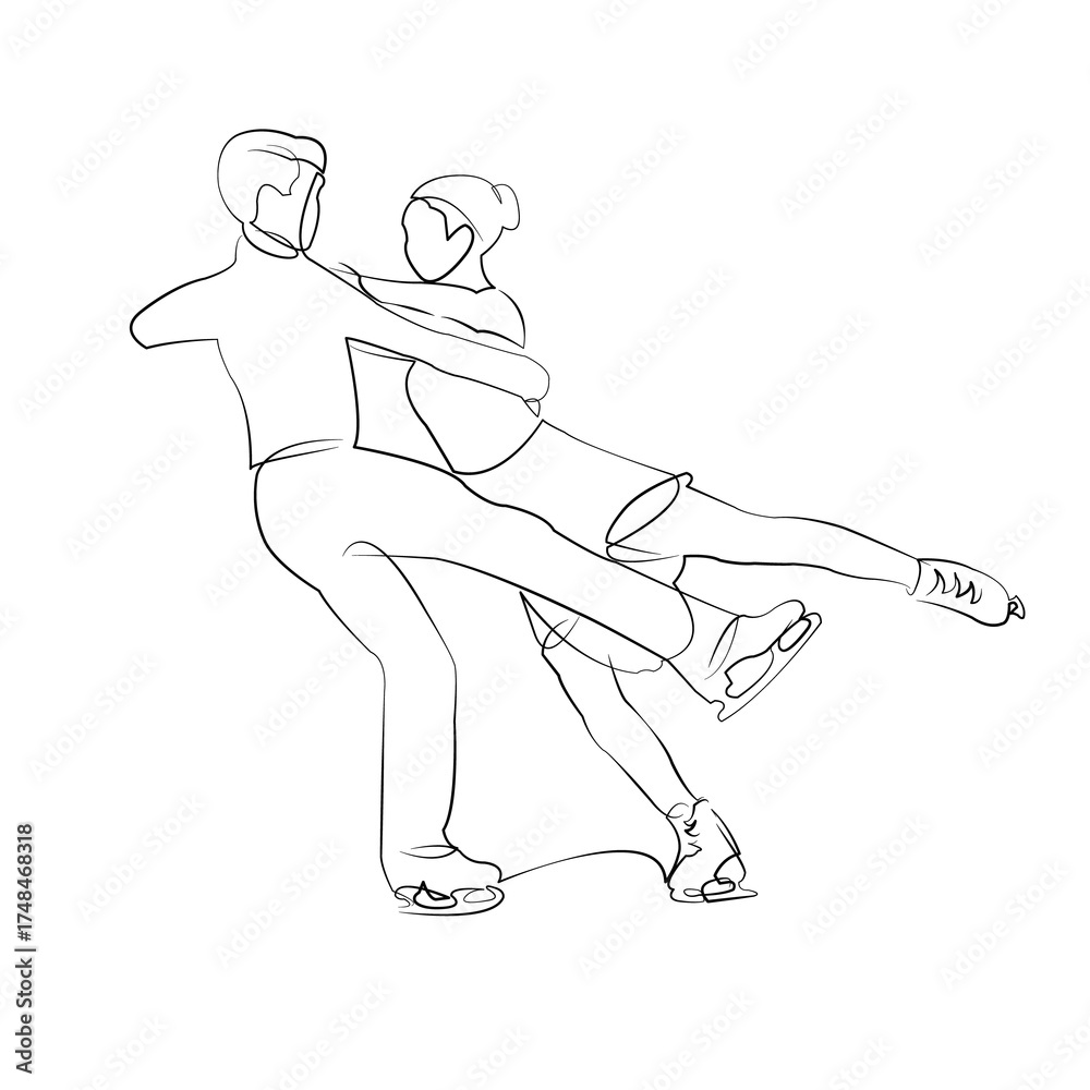 Fototapeta premium One continuous line drawing on white isolated background. Minimalism linear illustration. sport, skate, skater, man, woman, figure, ice, dance, athlete, flexibility, arena, choreography