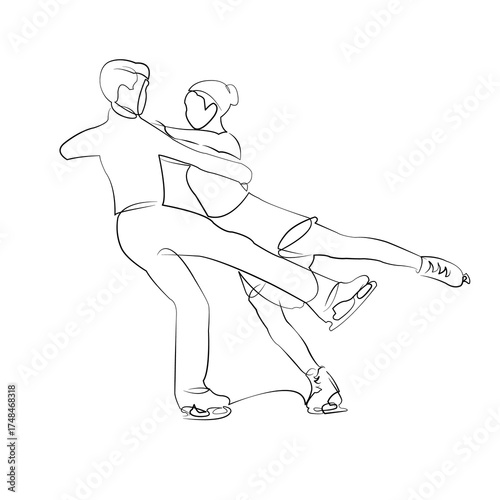 One continuous line drawing on white isolated background. Minimalism linear illustration. sport, skate, skater, man, woman, figure, ice, dance, athlete, flexibility, arena, choreography