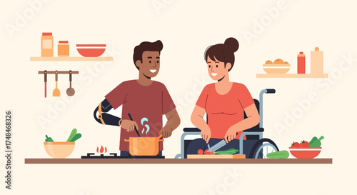 Diverse couple cooking together: Man with prosthetic arm stirs pot, woman in wheelchair chops vegetables.