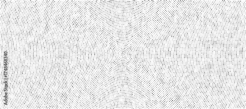 Black halftone concentric circle texture. Rippled repeating sound wave ring wallpaper. Dotted radial gradient background. Vector rasterized backdrop for vibration, epicenter, target, radar signal