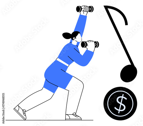 Woman lifting dumbbells in active lunge pose with music note and coin to signify fitness, creativity, and monetary focus. Ideal for health, wellness, finance, lifestyle, balance, motivation simple