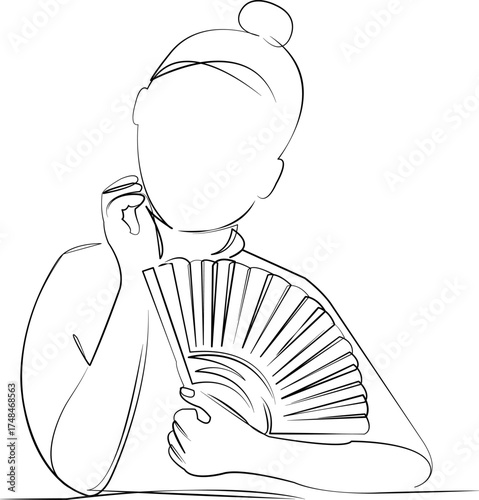 One continuous line drawing on white isolated background. Minimalism linear illustration. person, japan, kimono, culture, traditional, fan, japanese, portrait, beauty, girl