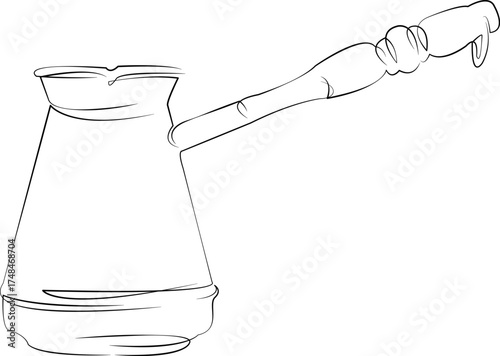 One continuous line drawing on white isolated background. Minimalism linear illustration. drink, caffeine, turk, cafe, hot drink, metal, turkish, beverage, brown, pot