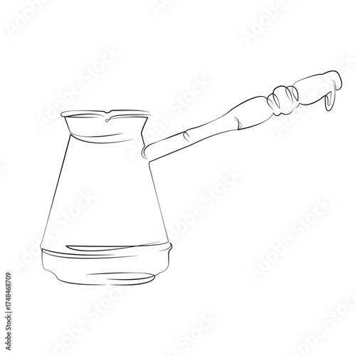 One continuous line drawing on white isolated background. Minimalism linear illustration. drink, caffeine, turk, cafe, hot drink, metal, turkish, beverage, brown, pot