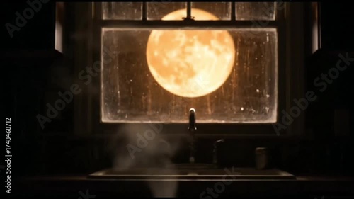 A steaming cup sits in the middle of a dark kitchen. The steam twists into ghostly shapes that fade into the air. The camera tilts slowly upward toward the window where orange moonlight glows. mysteri