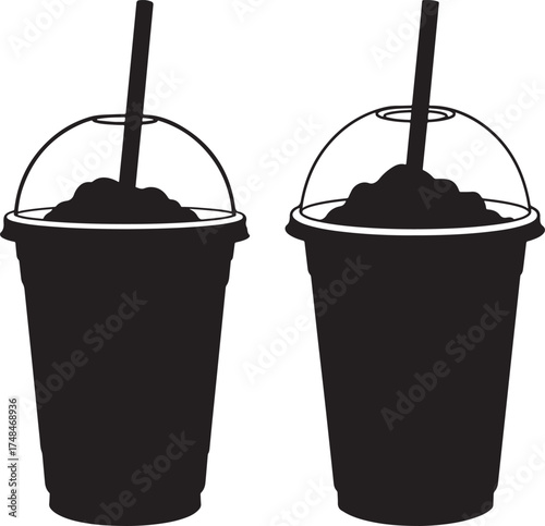 Two black silhouette slushy drinks with straws isolated on white background