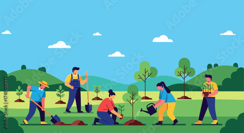 Group of People Planting Trees and Seedlings in a Green Field