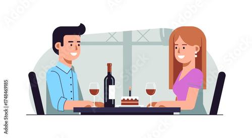 Smiling Couple Enjoying Romantic Dinner with Wine and Cake