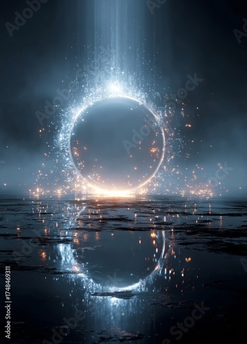 Magical portal opening with glowing light reflecting on water