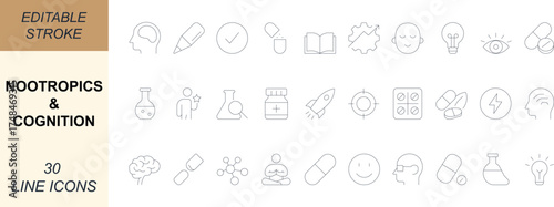 Nootropics and cognition line icons with capsule, pill, memory, creativity, motivation, and research elements, great for medicine, study, web, app, science projects. Editable stroke.
