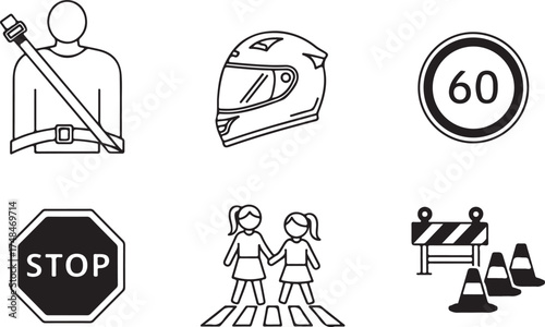 Collection of traffic safety symbols road signs icons and illustrations for roadside awareness and protection