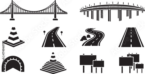 Collection of urban infrastructure and traffic elements including bridges roads cones and signs