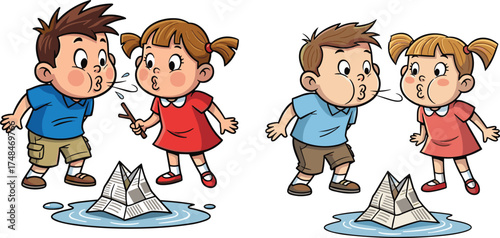 hildren blowing paper boat, kids science experiment, airflow concept, playful activity, imagination, teamwork, childhood learning, fun outdoor play, creativity