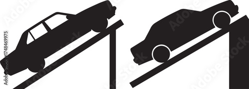 Two car silhouettes on ramps for inspection or repair isolated on white background silhouette