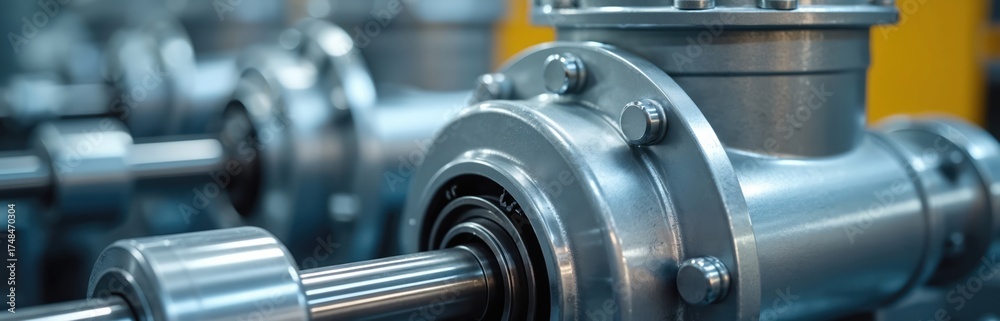 Fototapeta premium Shiny metal pipes and industrial machine parts arranged in a line. Smooth silver surfaces reflect light. Heavy equipment forms a background for tech innovation.